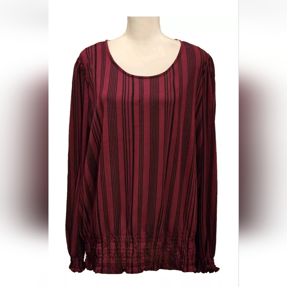 Derek Heart Women Plus Size 3X Red With Black Stripes Bishop Sleeve Top NWT